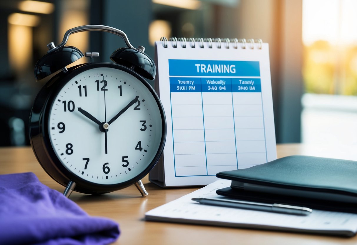 A clock on a desk with workout clothes nearby. A calendar with scheduled training sessions. A person's schedule with dedicated time for training highlighted