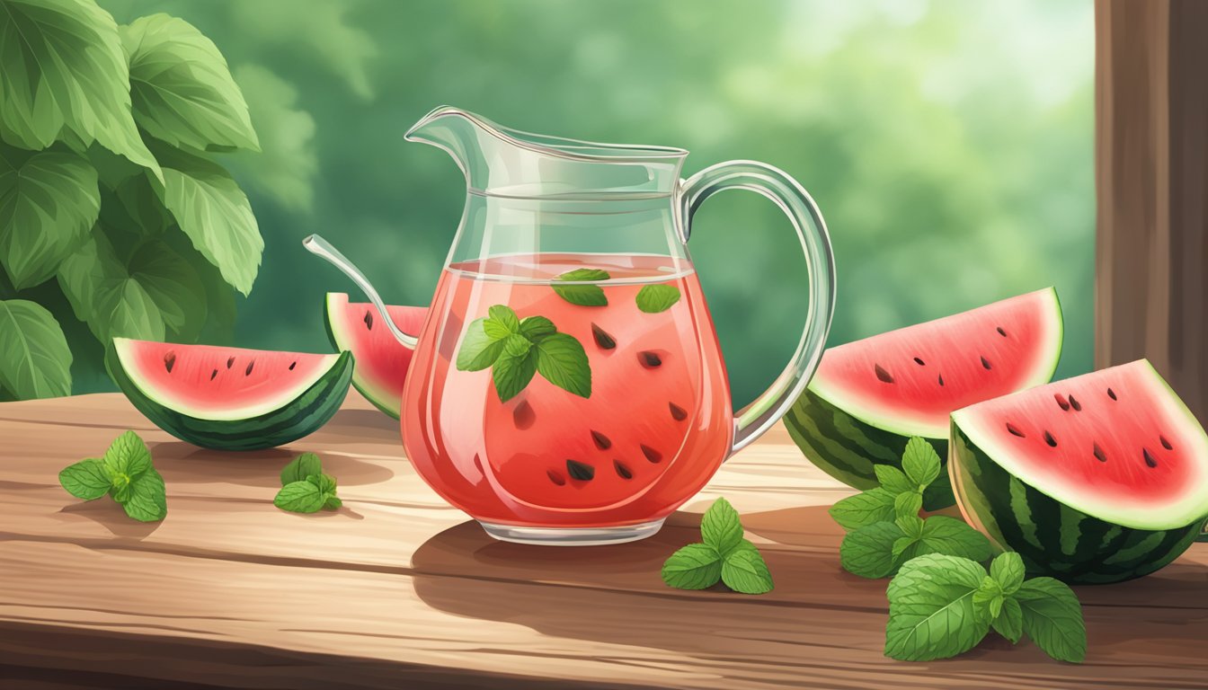 A glass pitcher of watermelon tea sits on a rustic wooden table, surrounded by fresh watermelon slices and green mint leaves