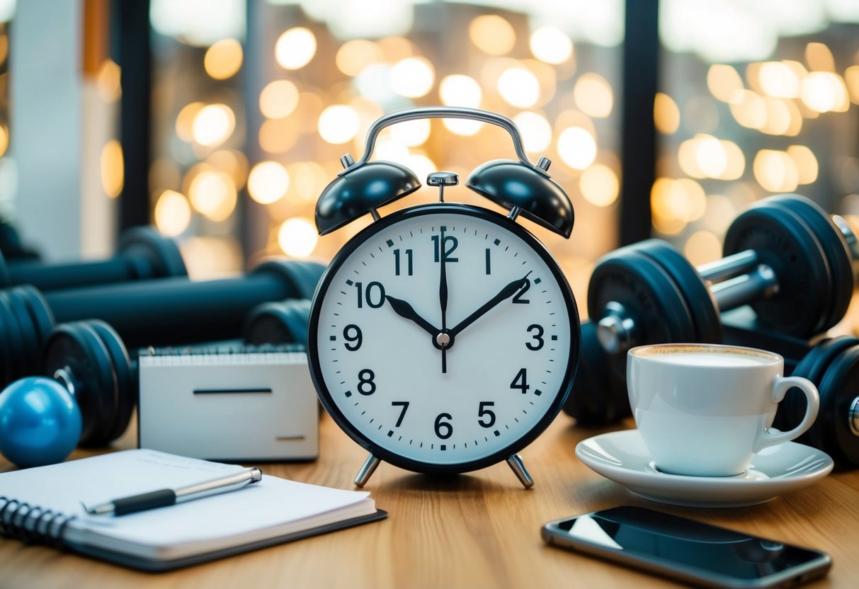 A clock surrounded by various activities: exercise equipment, a planner, a smartphone, and a cup of coffee