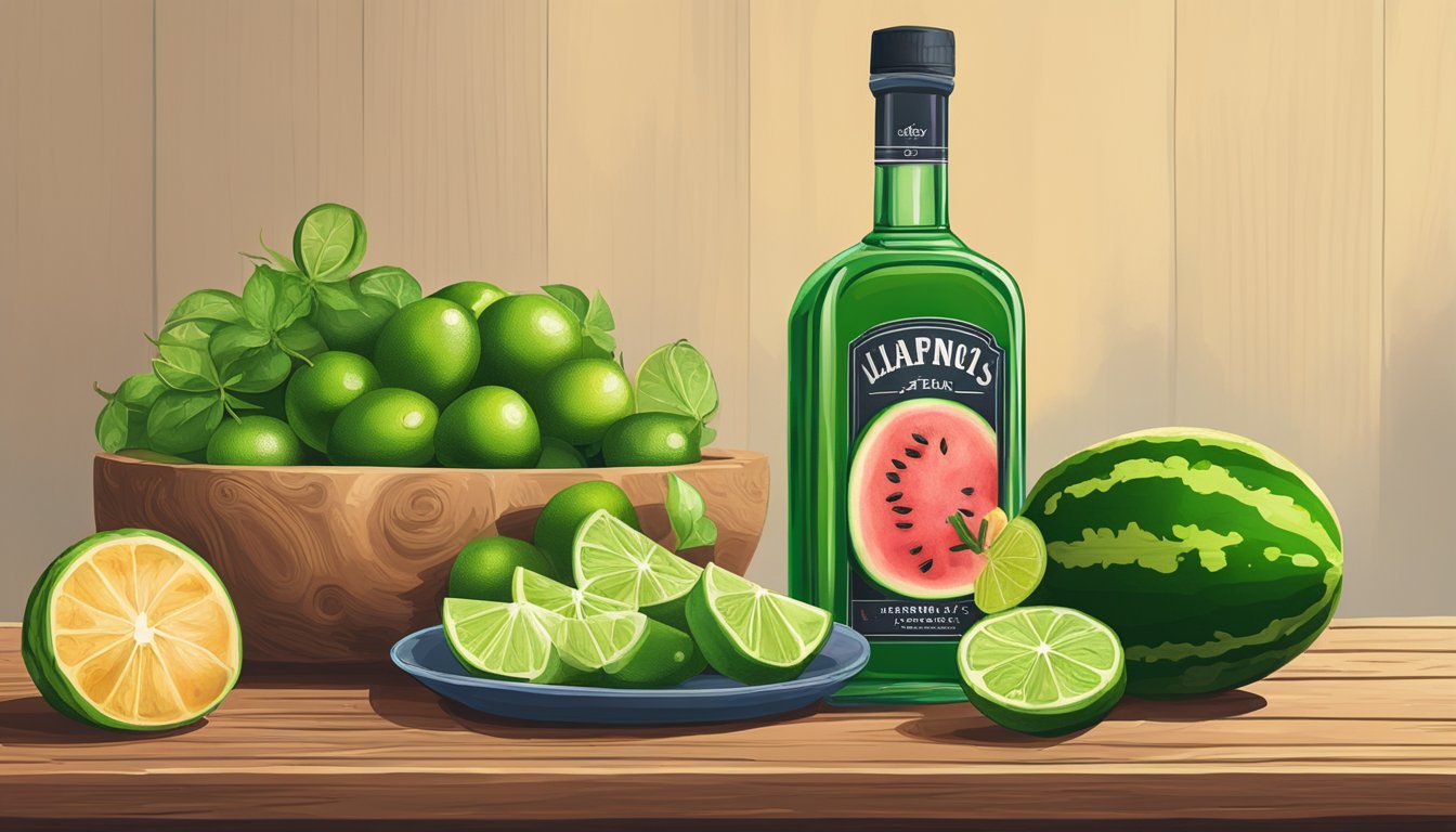 A watermelon and jalapeno sitting on a wooden table, surrounded by limes and a bottle of tequila