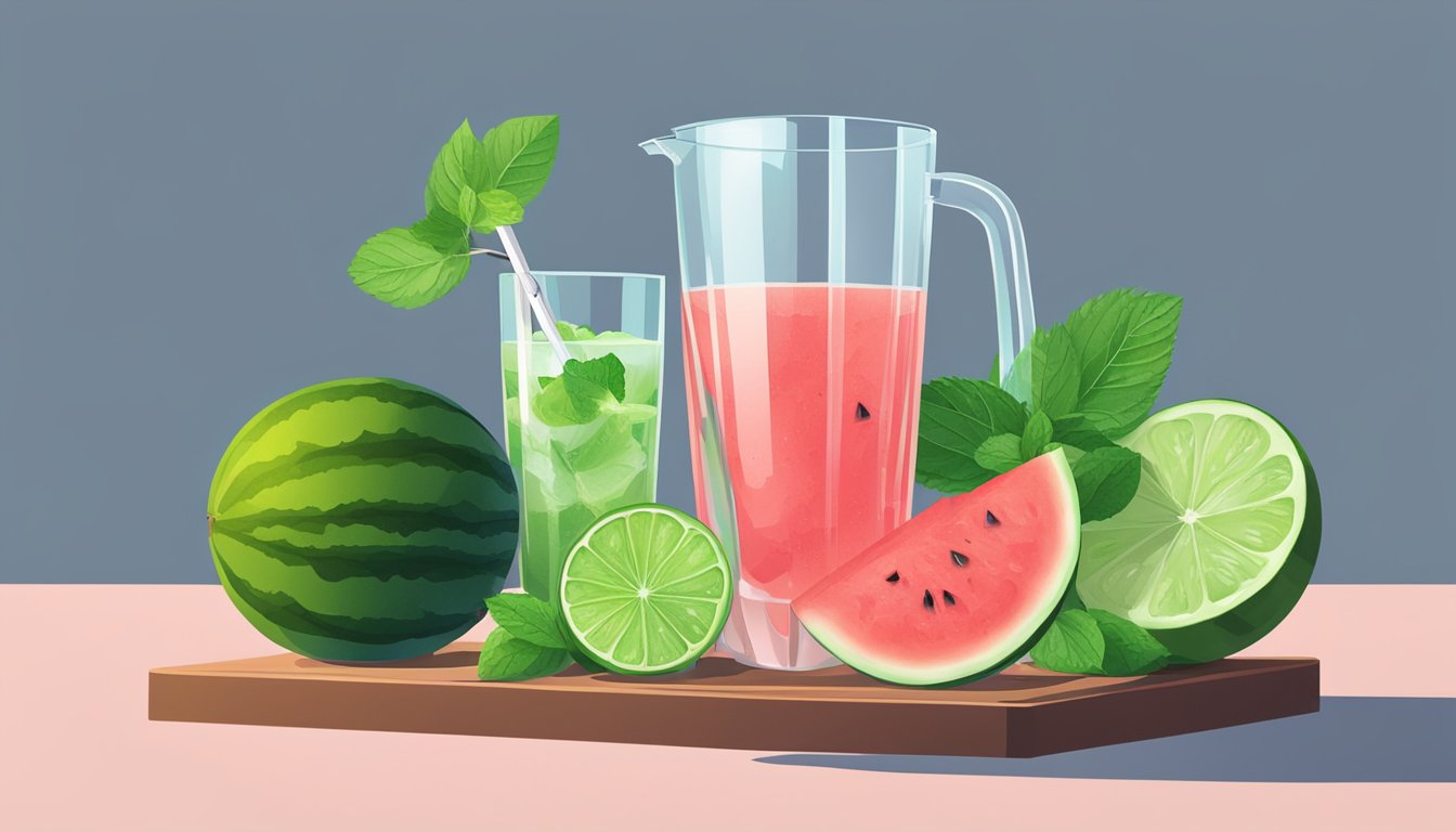 A ripe watermelon being sliced open, with a blender and cocktail glass nearby. Lime and mint leaves are also present