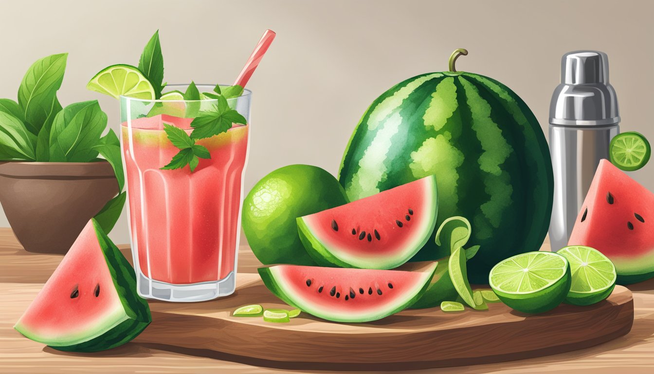 A watermelon and jalapeno sitting on a cutting board, a lime wedge, and a shaker filled with margarita ingredients