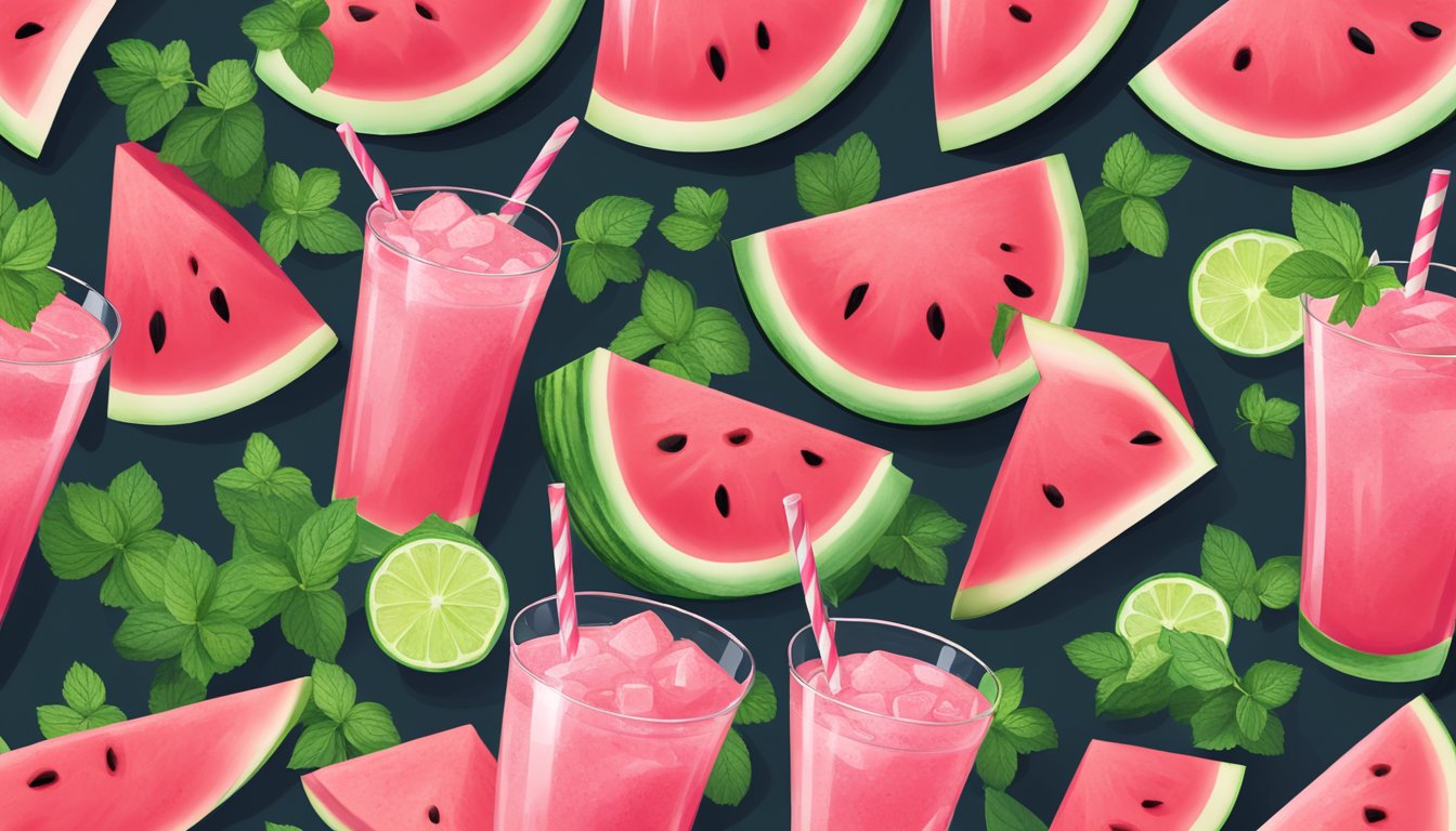 A tall glass filled with a vibrant pink watermelon daiquiri surrounded by fresh watermelon slices and mint leaves on a wooden table