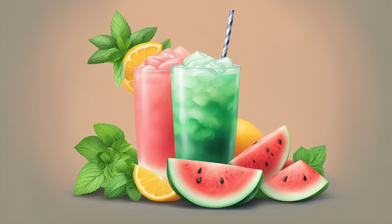 A refreshing watermelon daiquiri sits on a table, surrounded by slices of fresh fruit and a sprig of mint