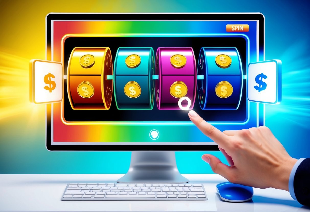 Brightly lit computer screen with colorful slot machine reels spinning. Mouse cursor clicking on the "spin" button. Icons of coins and dollar signs