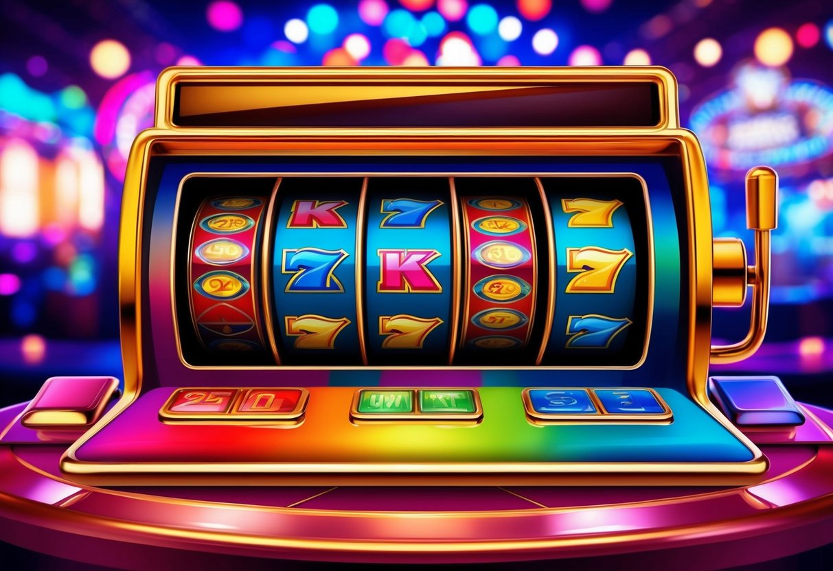 A colorful online slot machine with spinning reels and various symbols, set against a vibrant background of lights and casino imagery