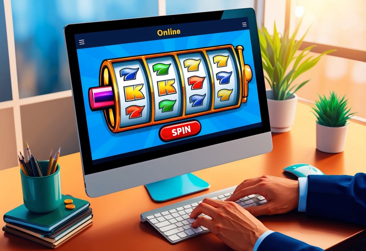 A computer screen displaying an online slot game with a cursor clicking the "spin" button