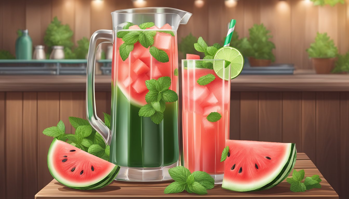 A pitcher of watermelon juice cocktail surrounded by fresh watermelon slices and mint leaves on a wooden bar counter