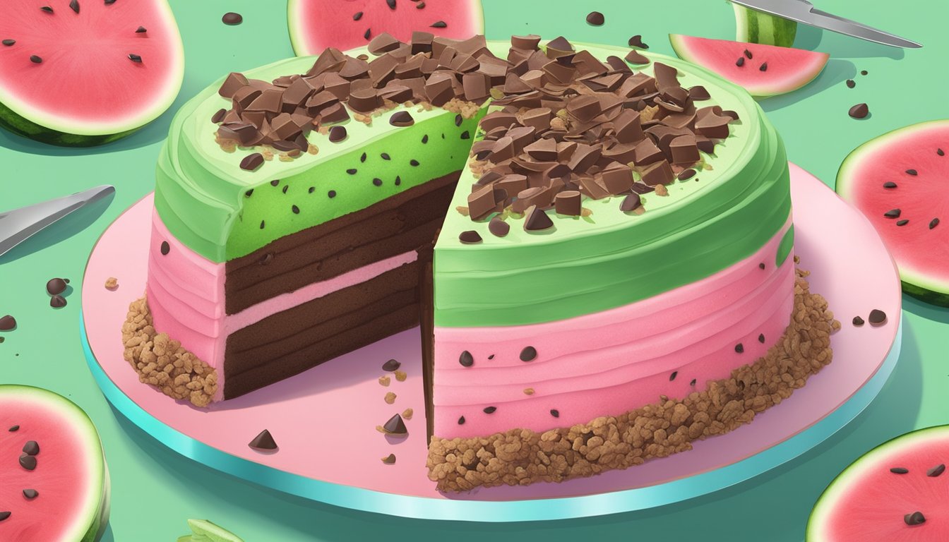 A watermelon ice cream cake being sliced, revealing layers of pink and green ice cream with chocolate chip "seeds" and a crunchy cookie crust