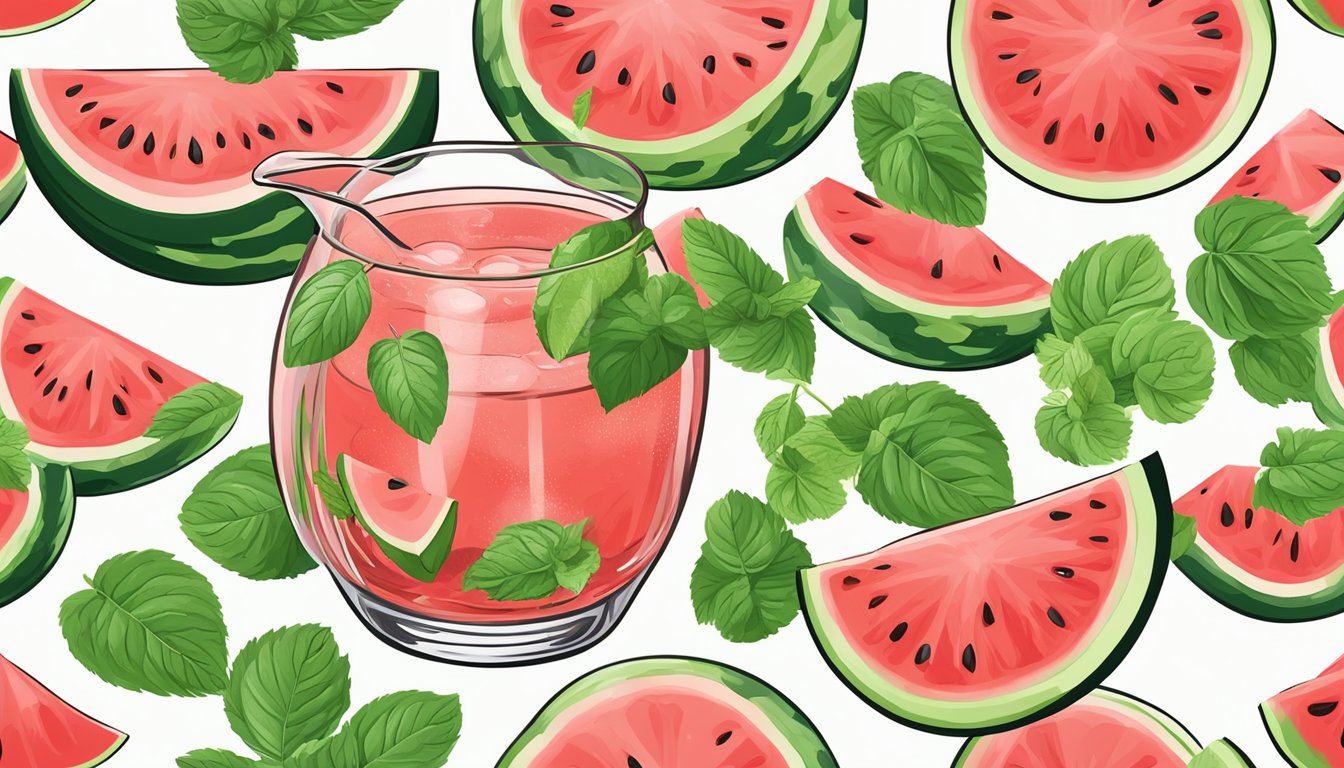 A watermelon drink being mixed with various ingredients in a glass pitcher, surrounded by fresh watermelon slices and mint leaves