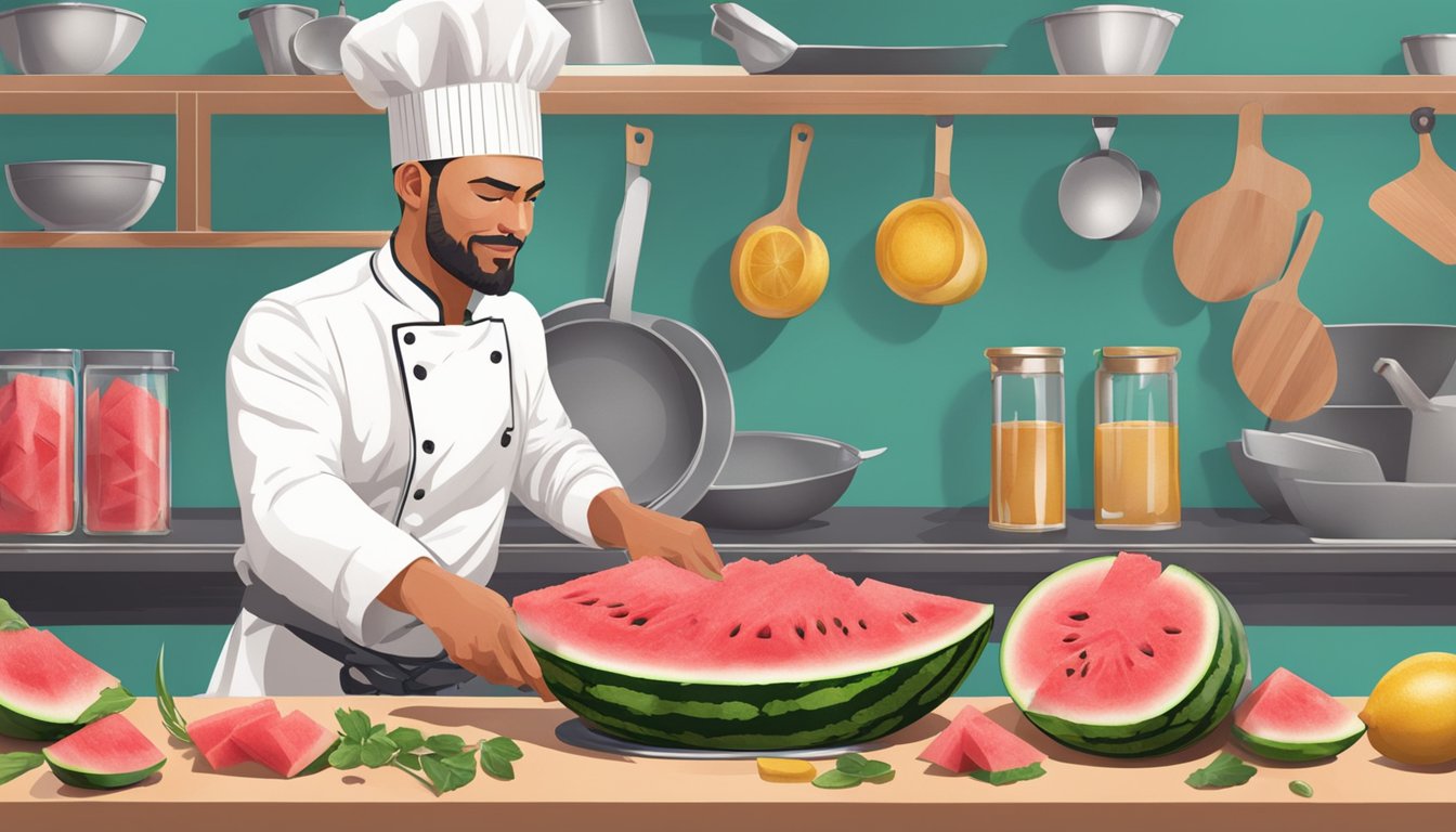 A chef slicing a watermelon into tuna-like pieces