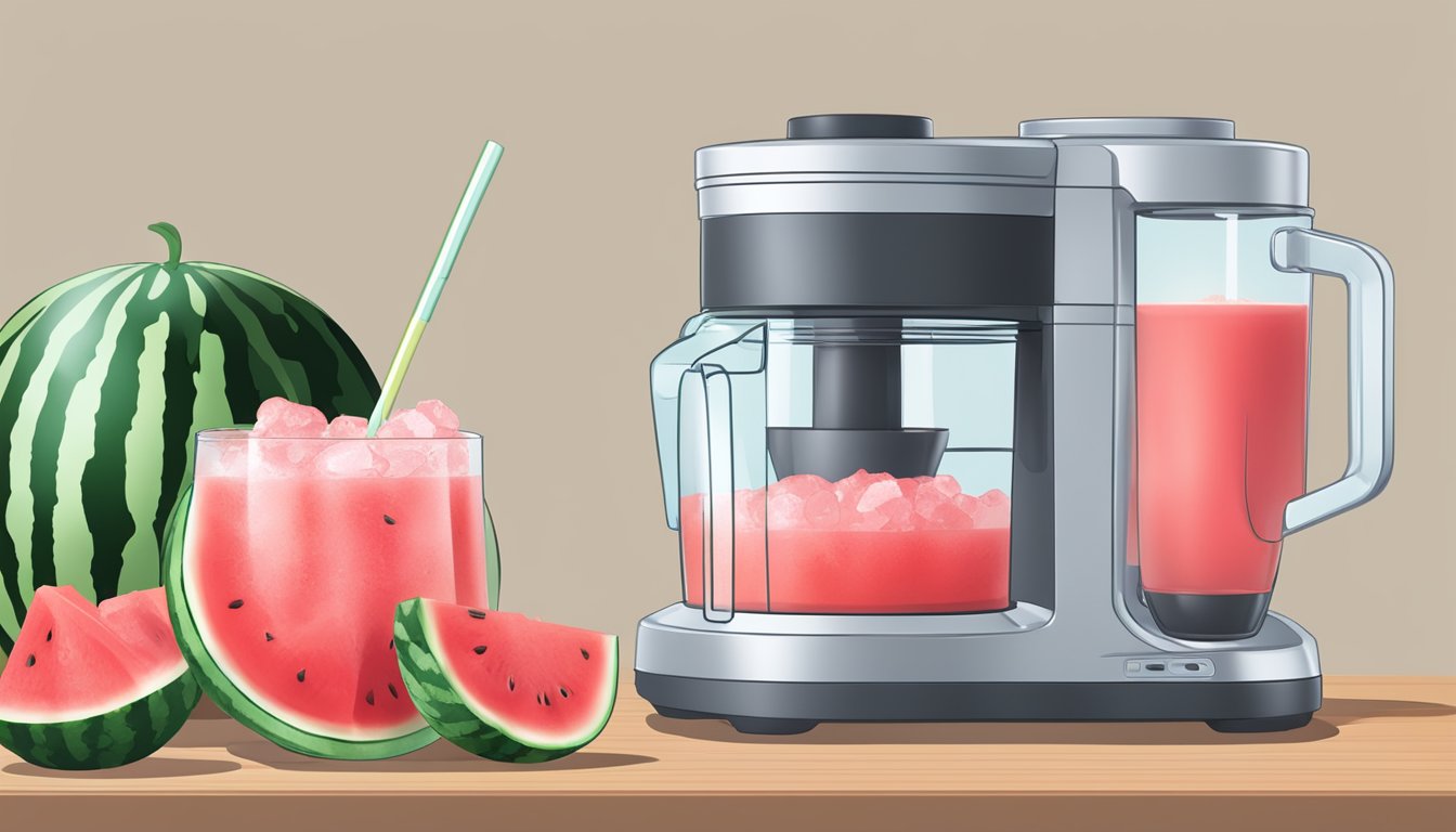 A watermelon being blended with ice and syrup in a blender, with a glass and straw ready for pouring