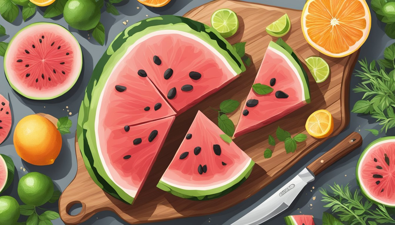 A sliced watermelon next to a seared tuna steak on a wooden cutting board, surrounded by fresh herbs and citrus fruits