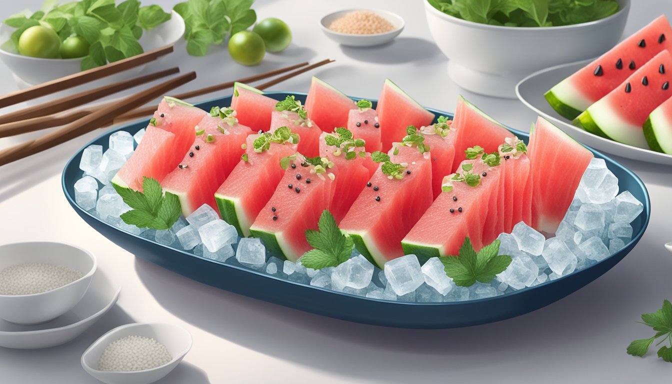 A platter with sliced watermelon arranged like tuna sashimi, garnished with sesame seeds and fresh herbs, served on a bed of ice