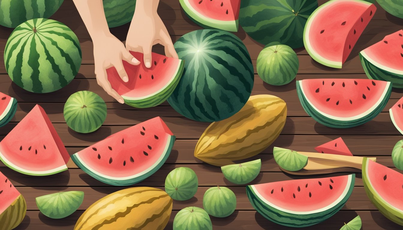 A hand reaching for a ripe watermelon, surrounded by other watermelons on a wooden table, with a knife and a cutting board nearby