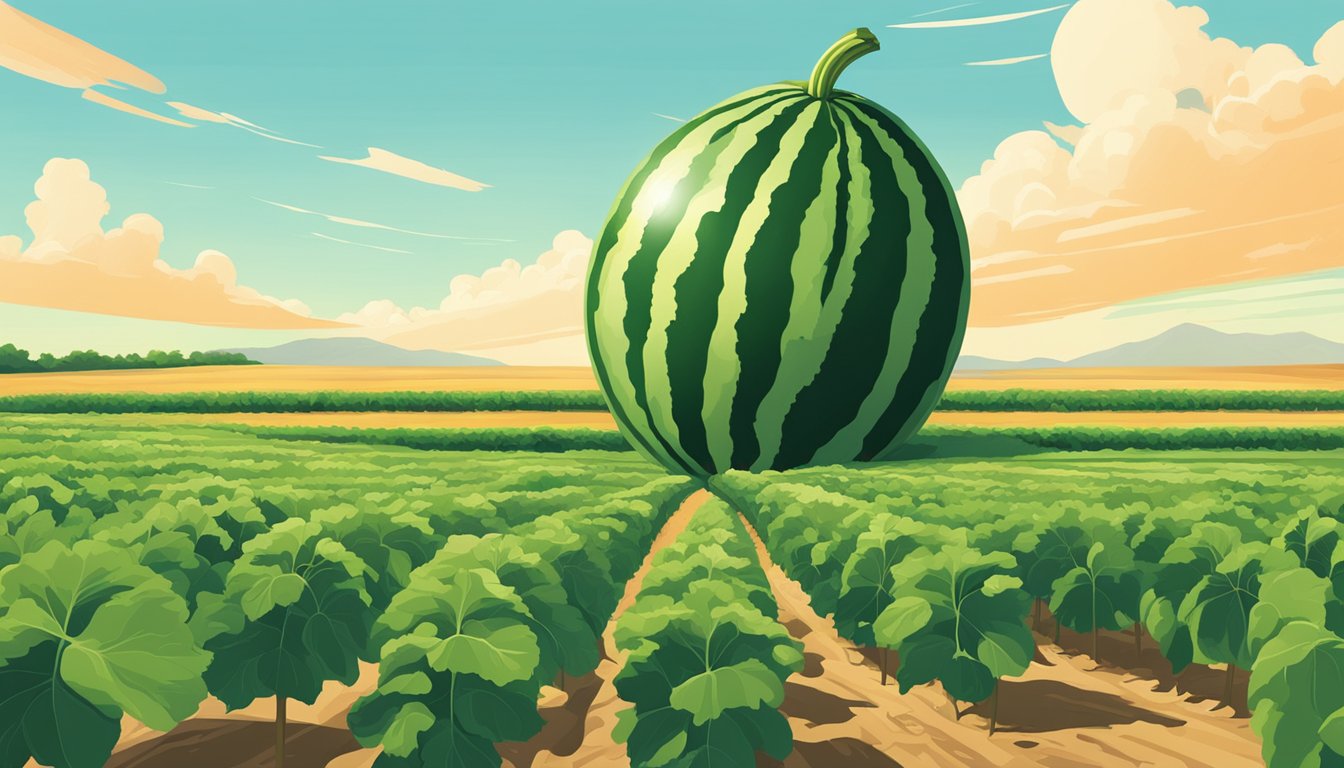 A ripe watermelon sits in a sun-drenched field at high noon, surrounded by sprawling green vines and a clear blue sky