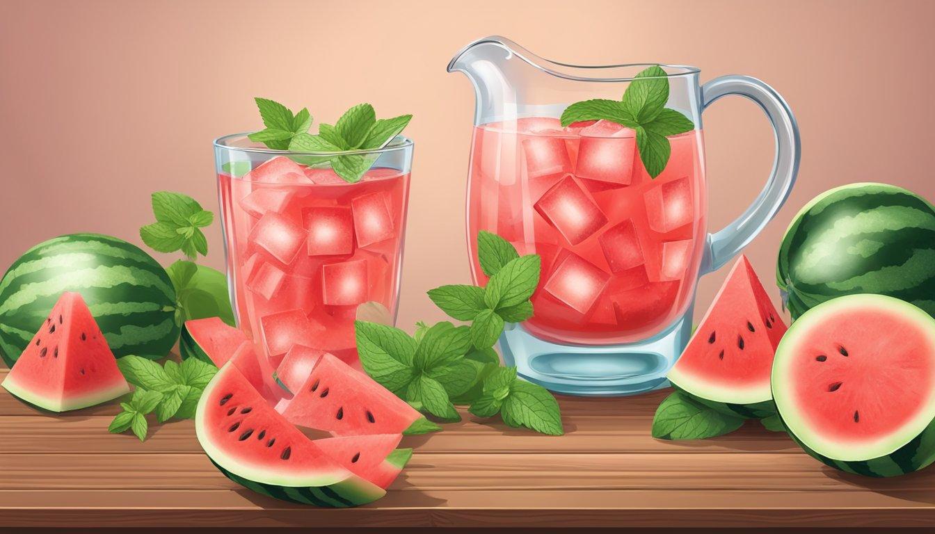 A pitcher pouring watermelon juice into a glass filled with ice cubes, surrounded by fresh watermelon slices and mint leaves on a wooden table