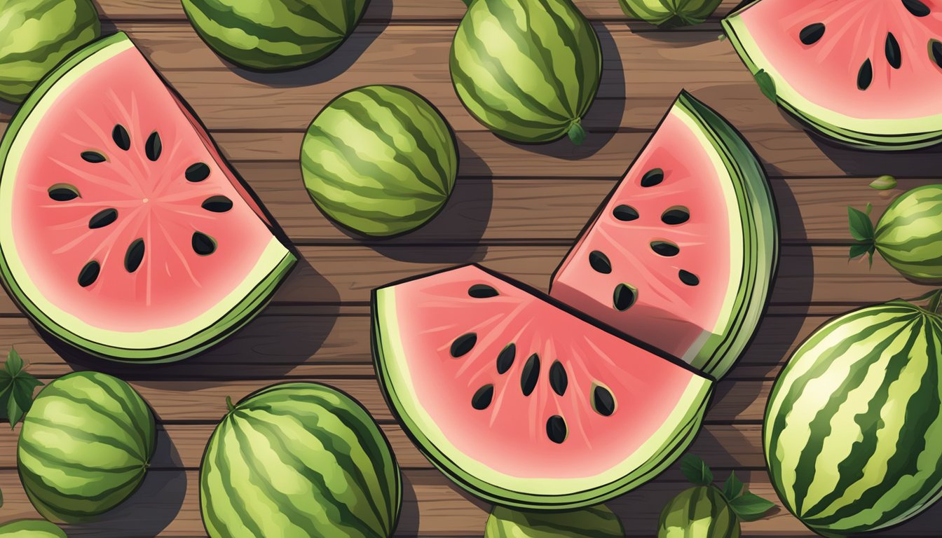 A watermelon sits on a wooden table under the bright sun at noon, surrounded by slices and seeds