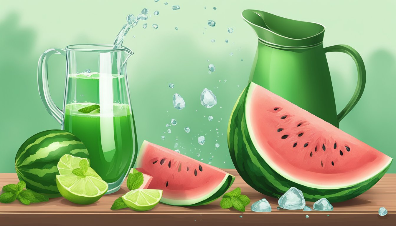 A ripe watermelon being sliced open, with juice dripping into a pitcher of water, accompanied by a scattering of fresh mint leaves and a few slices of lime