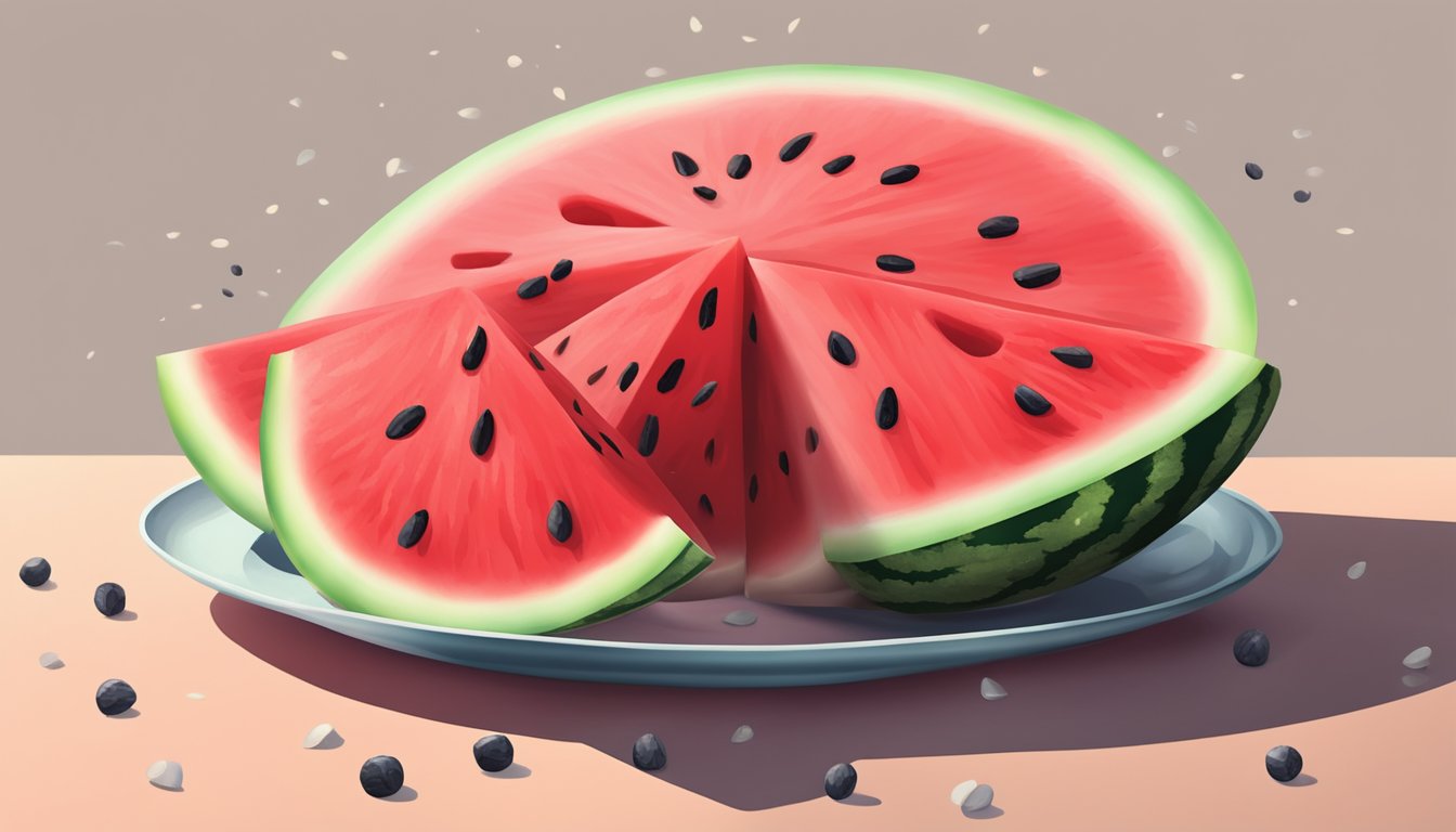 A watermelon sliced open, juicy red flesh glistening in the sunlight, surrounded by scattered seeds and a few wedges on a plate