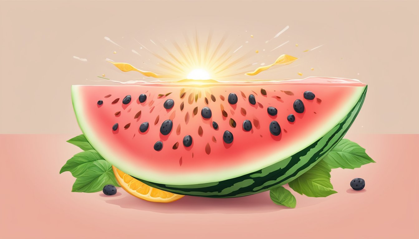 A juicy watermelon slice under the bright sun, surrounded by seeds and dripping with refreshing juice