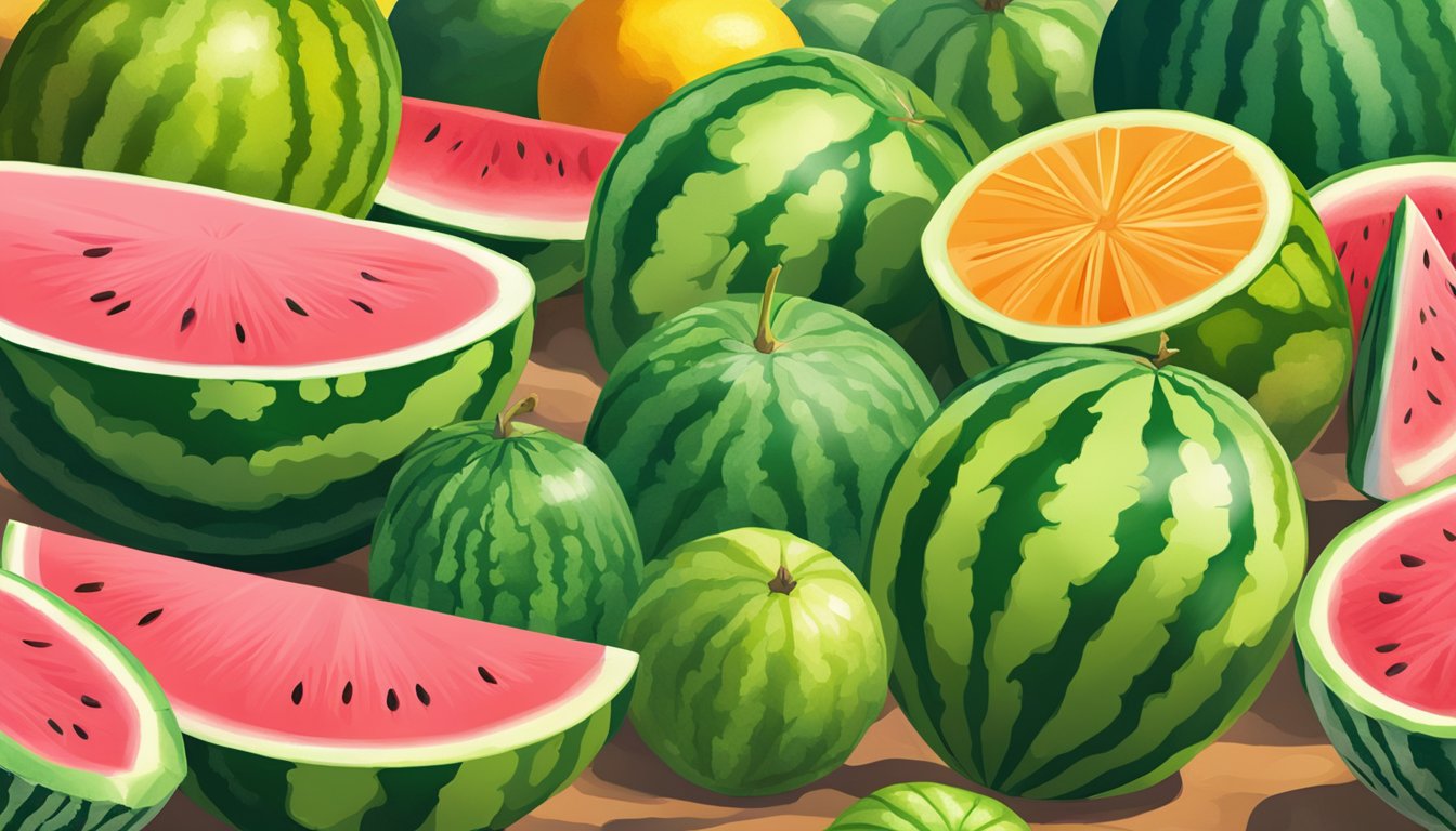 A watermelon sits at a market stall under the bright sun at high noon. The vibrant green and pink colors stand out against the backdrop of other fruits and vegetables