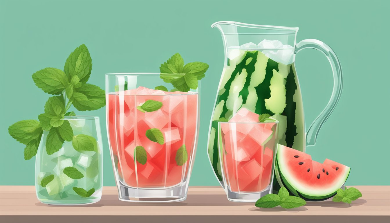 A watermelon being sliced and blended with water in a glass pitcher surrounded by fresh mint leaves and ice cubes