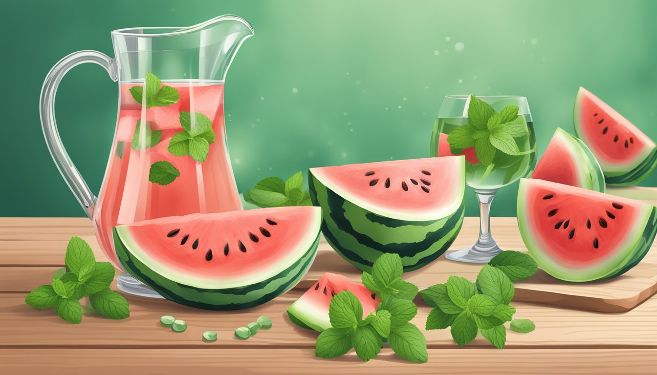 A pitcher of watermelon water surrounded by fresh watermelon slices and mint leaves on a wooden table