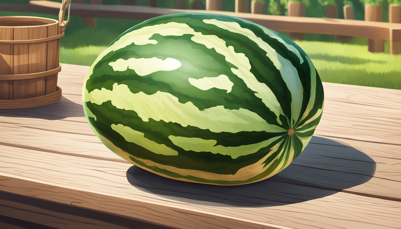 A watermelon sits on a wooden table in the bright sunlight, casting a shadow. The branding logo is visible on the fruit's skin