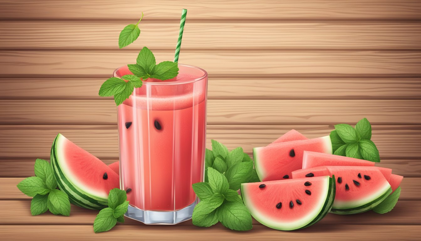 A glass of watermelon juice surrounded by fresh watermelon slices and mint leaves on a wooden table