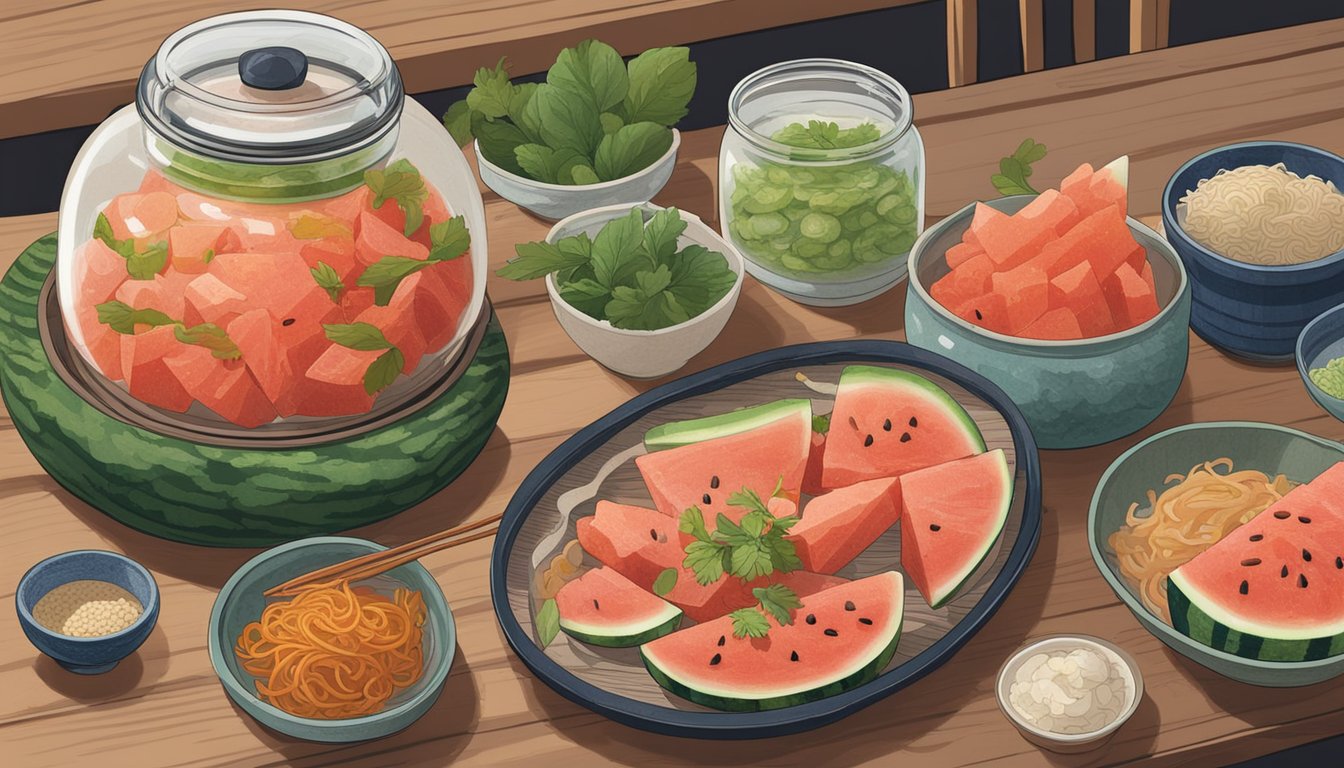 A watermelon rind kimchi jar sitting on a wooden table surrounded by various Korean ingredients and traditional fermentation pots