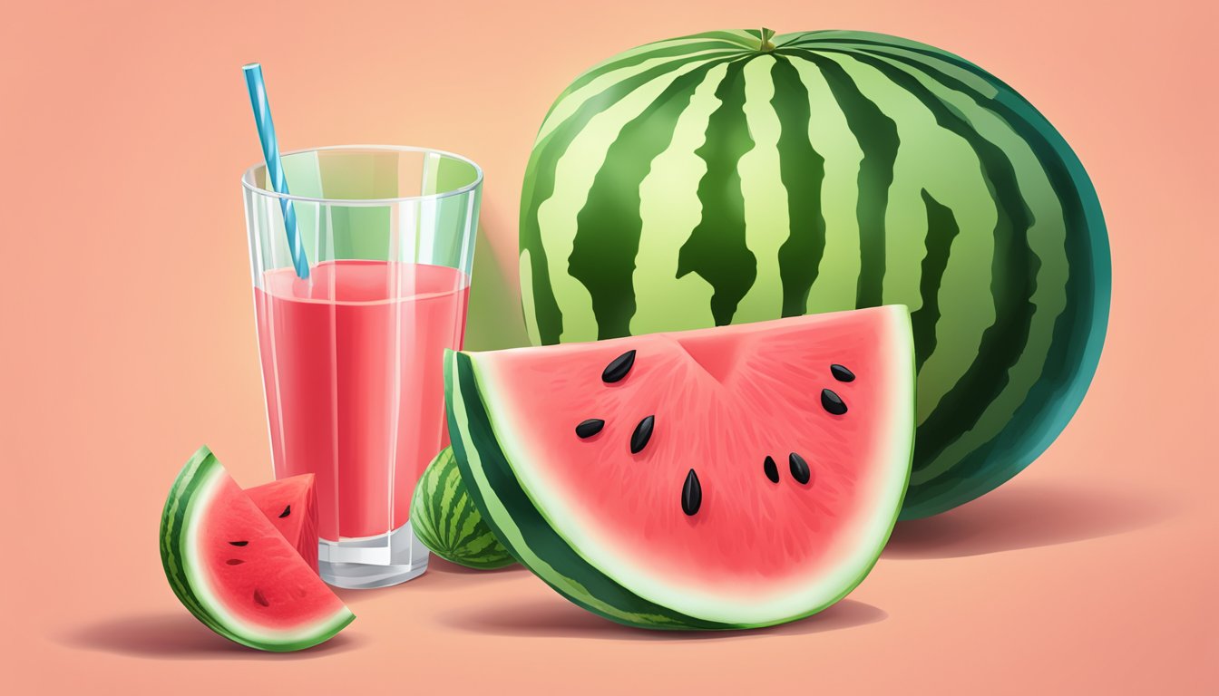 A glass of watermelon juice with a slice of watermelon on the side