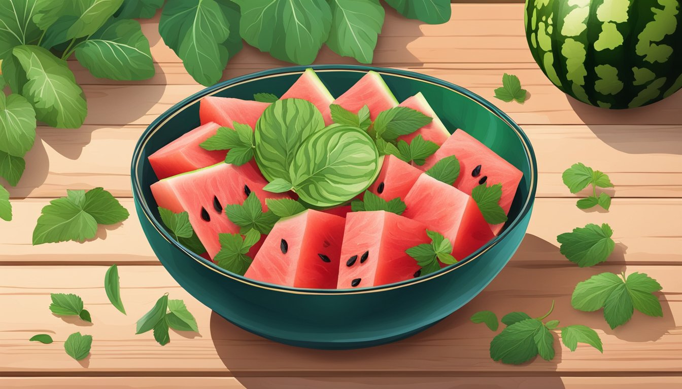 A colorful bowl of watermelon rind kimchi surrounded by fresh watermelon slices and vibrant green herbs on a wooden table