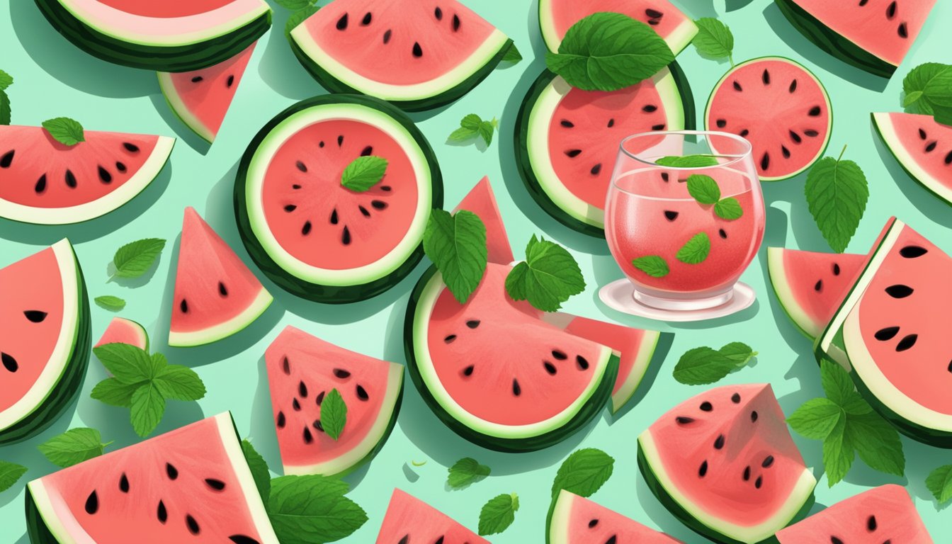 A pitcher of watermelon juice surrounded by fresh watermelon slices and mint leaves on a wooden table