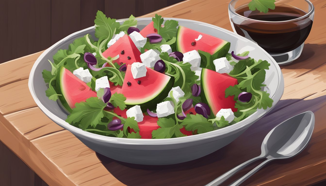 A bowl of watermelon arugula salad with feta cheese, red onion, and balsamic vinaigrette on a wooden table