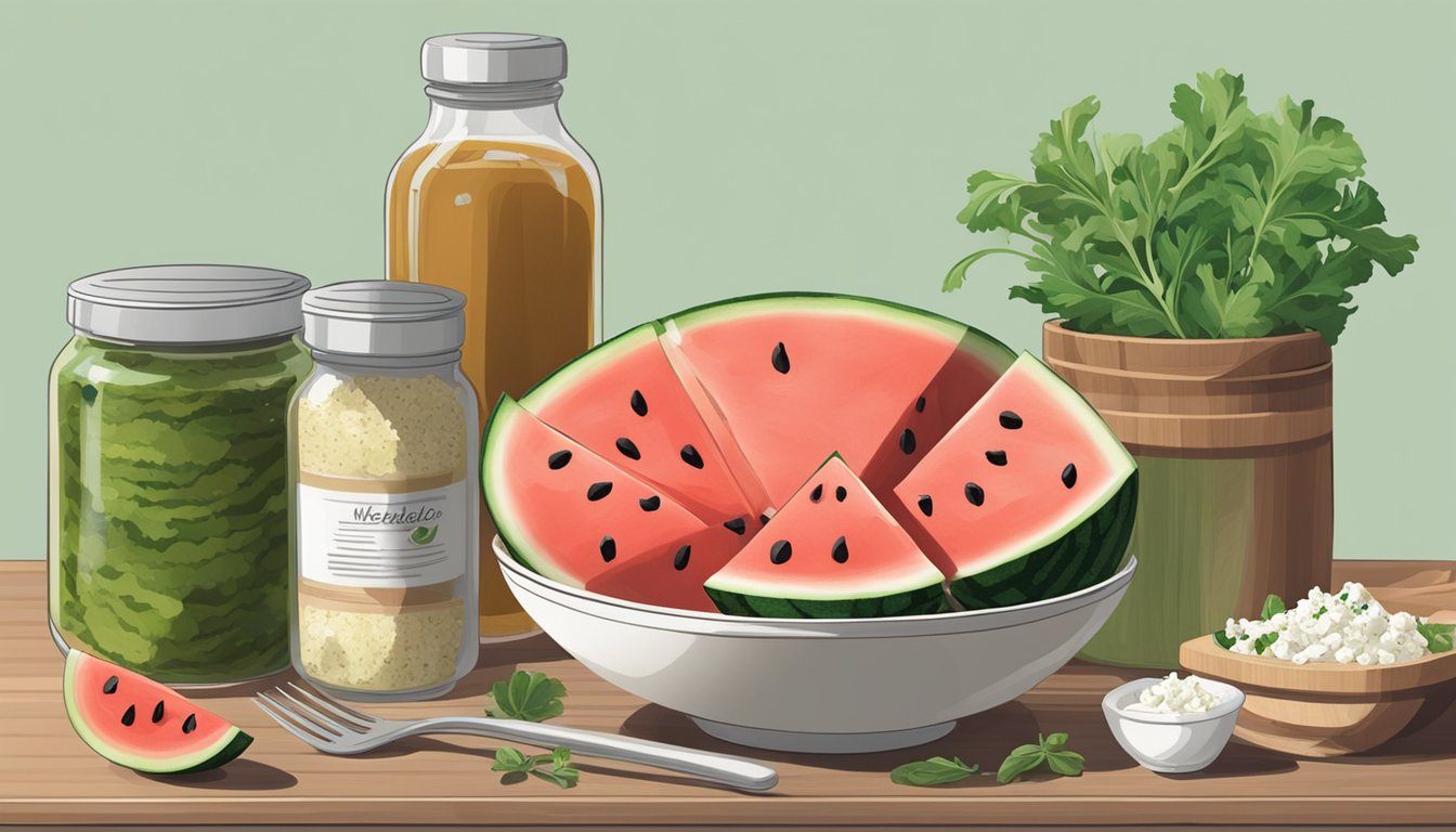 A wooden salad bowl filled with watermelon, arugula, and feta cheese, sitting on a kitchen counter next to a jar of vinaigrette