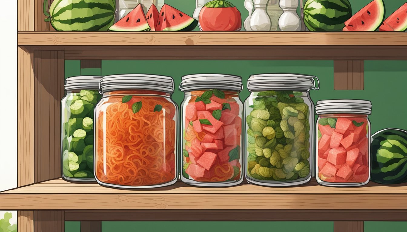 A glass jar filled with watermelon rind kimchi sits on a wooden shelf, surrounded by other preserved foods. The vibrant red and green colors of the kimchi contrast against the neutral tones of the shelf and jars