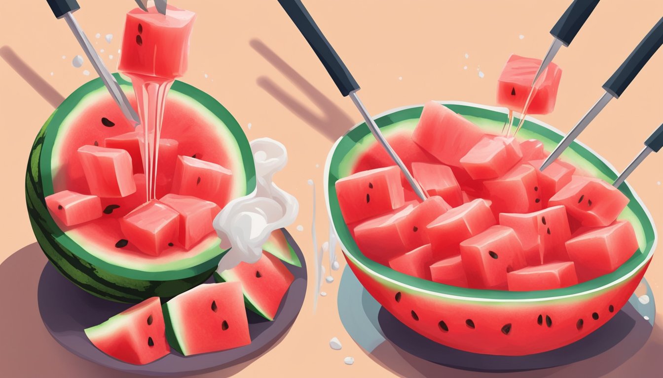 A hand dipping watermelon chunks into sticky syrup, skewering them onto sticks