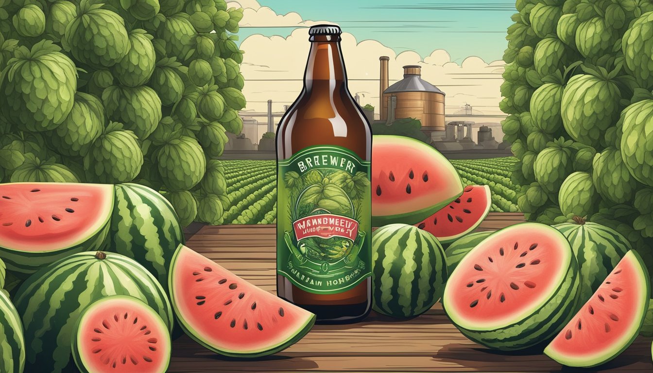 A watermelon beer bottle surrounded by ripe watermelons and hops, with a brewery in the background