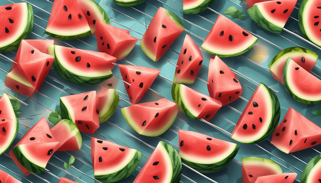 Watermelon chunks on skewers dipped in syrup, drying on a wire rack