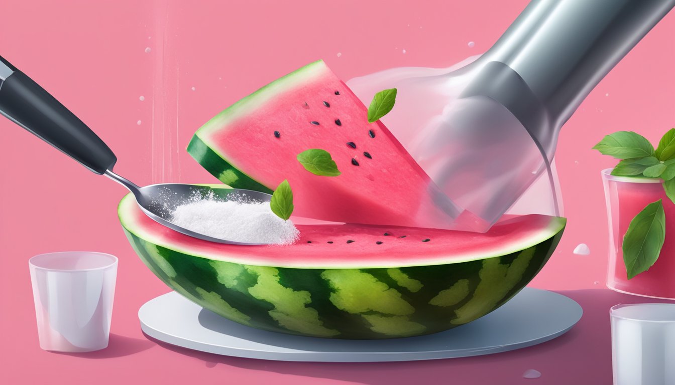 A ripe watermelon being sliced open with a spoon, its bright pink flesh being scooped out and mixed with gelatin powder in a large mixing bowl