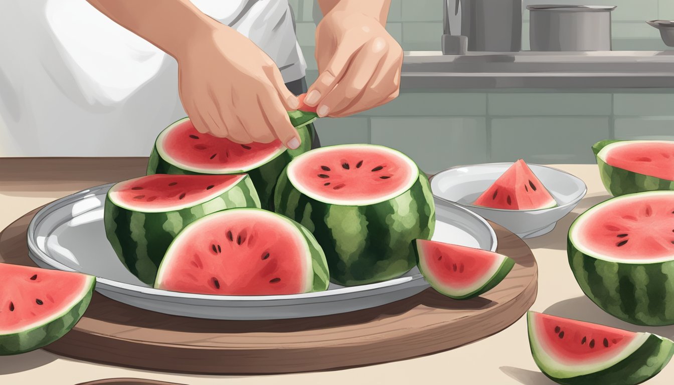 A watermelon tanghulu is being carefully dipped in a hot sugar syrup before being left to cool and harden on a parchment-lined tray