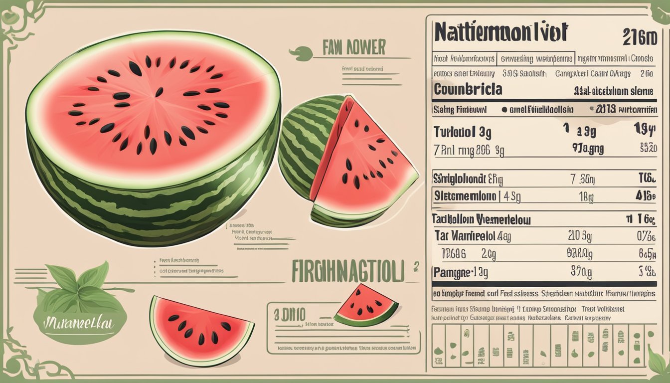 A watermelon tanghulu skewer surrounded by fresh watermelon slices and a nutritional information label