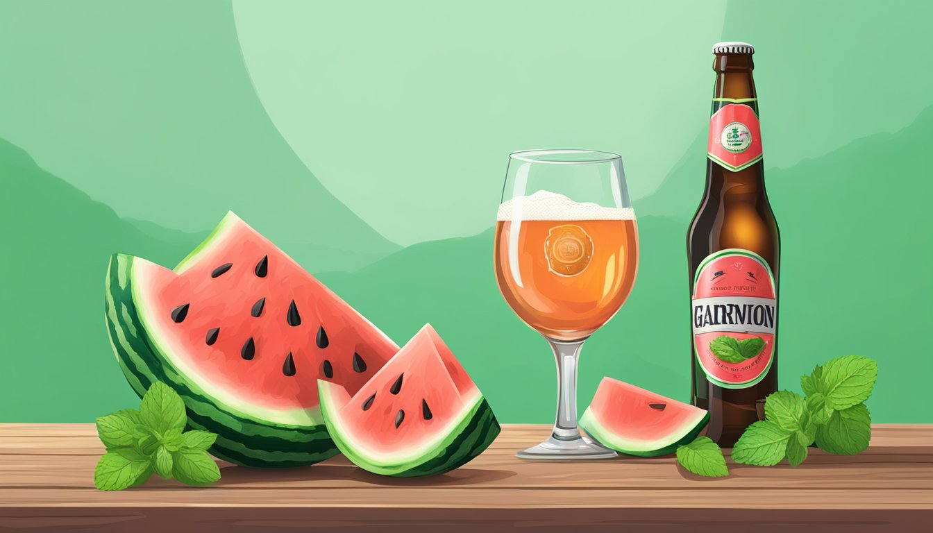 A watermelon beer bottle and glass on a wooden table with a slice of watermelon and mint leaves as garnish