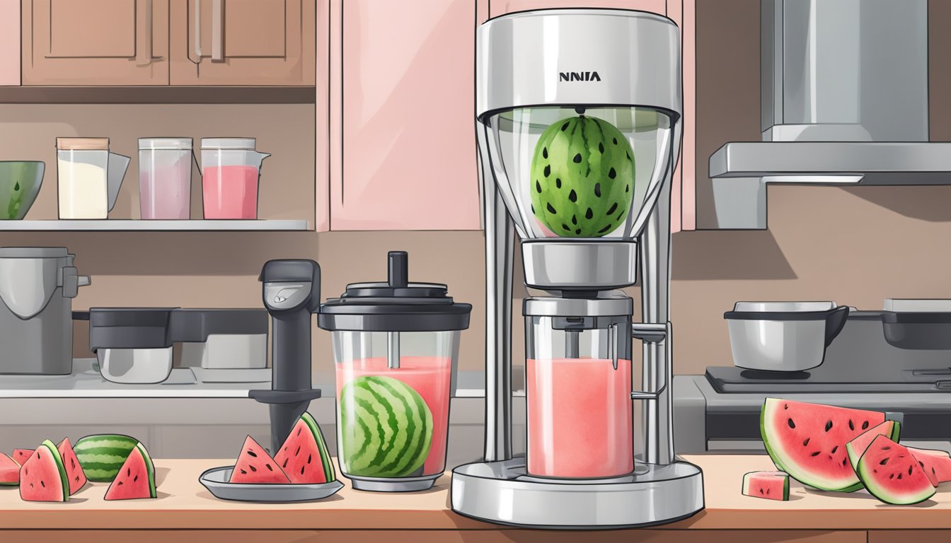 A watermelon being blended into a creamy mixture in a Ninja Creami machine