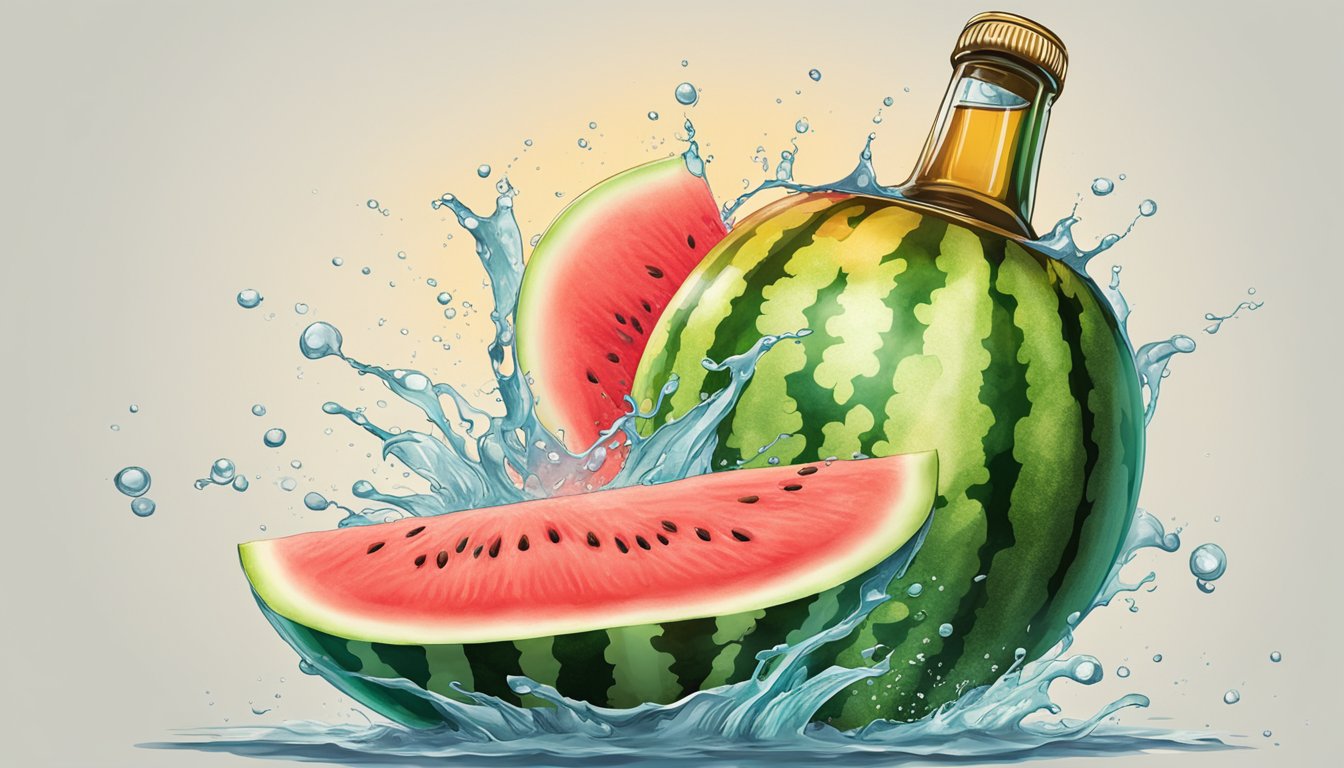 A watermelon being sliced open with a splash of beer pouring into it