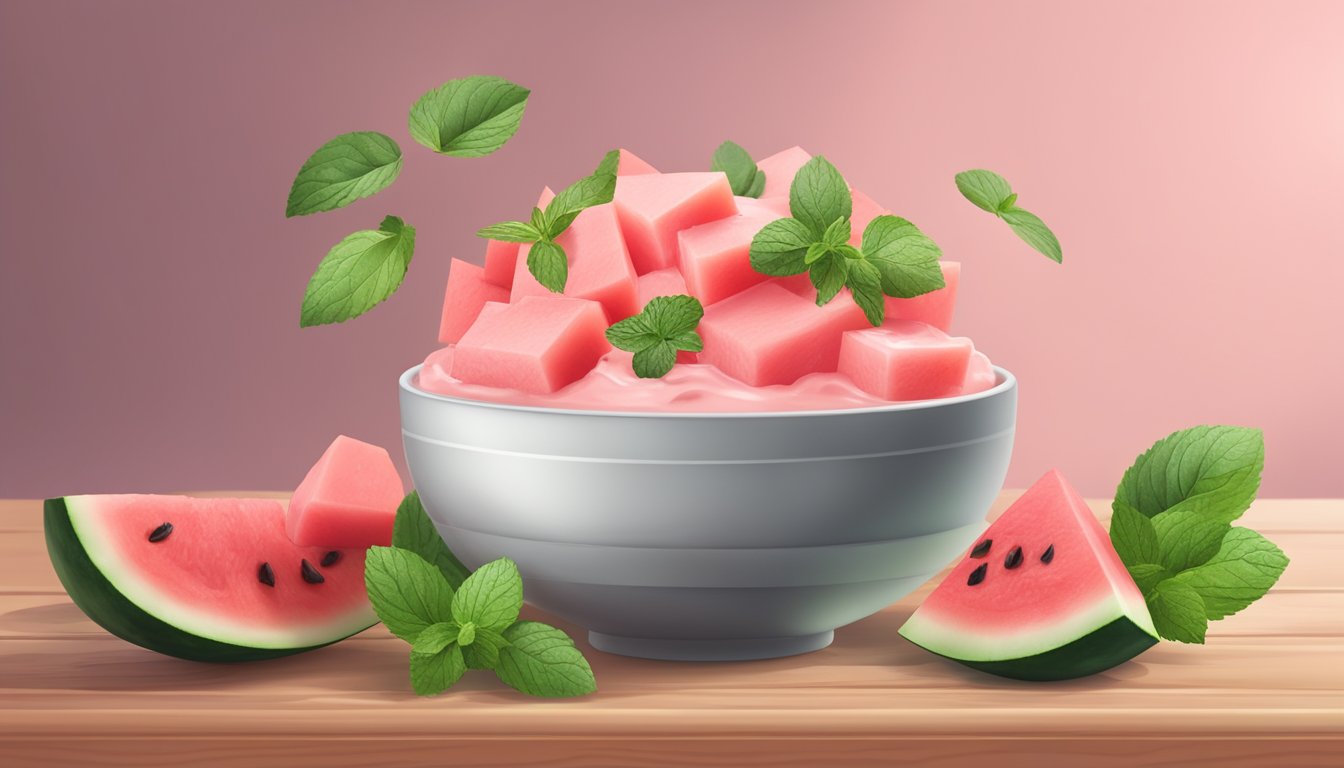 A bowl of watermelon yogurt topped with fresh watermelon chunks and mint leaves on a wooden table