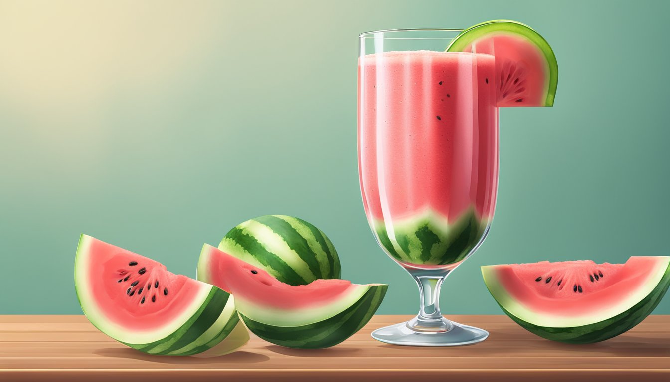 A refreshing watermelon smoothie being poured into a tall glass with a slice of watermelon on the rim