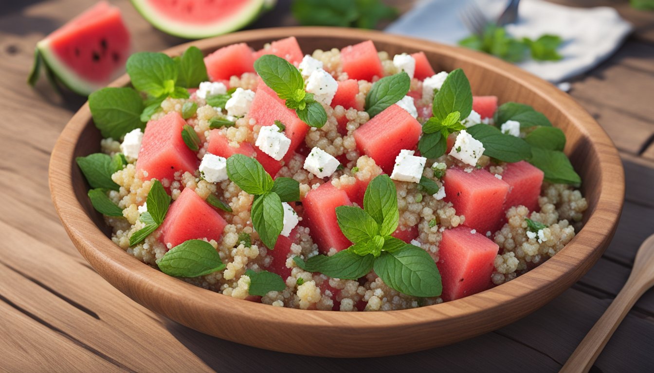 A vibrant watermelon quinoa salad with fresh mint and feta, served in a large wooden bowl on a rustic outdoor table