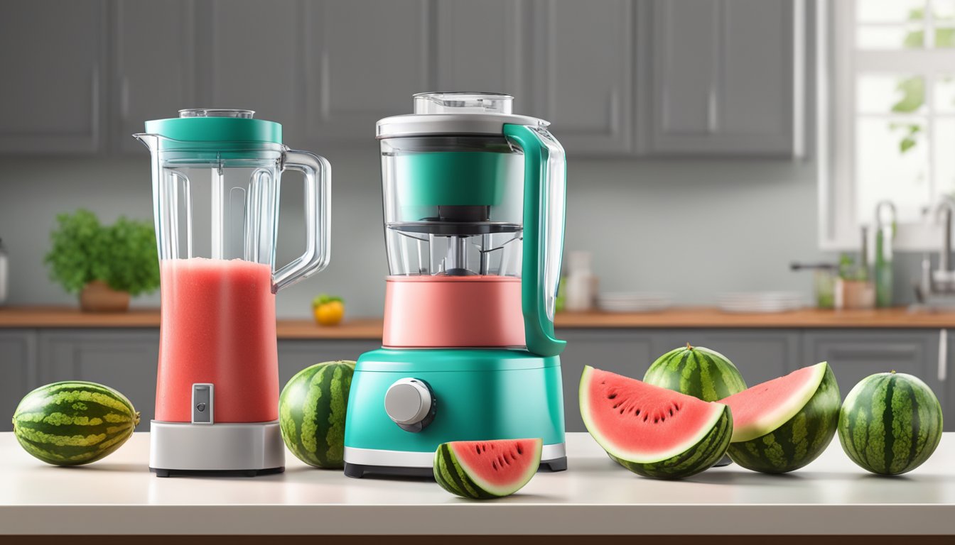 A ripe watermelon, a blender, and a splash of liquid ingredients on a kitchen counter